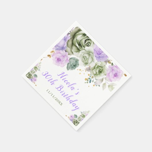 Sage Groene en Paarse Bloemen Verjaardag Servet (Hoek)