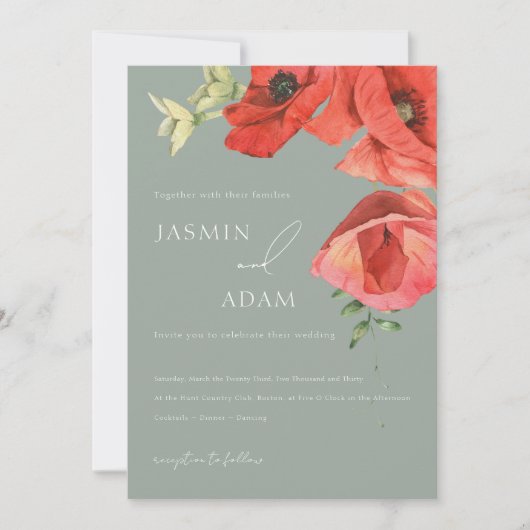 Sage Groene en Rode Klaprozen Bruiloft Uitnodiging (Voorkant)