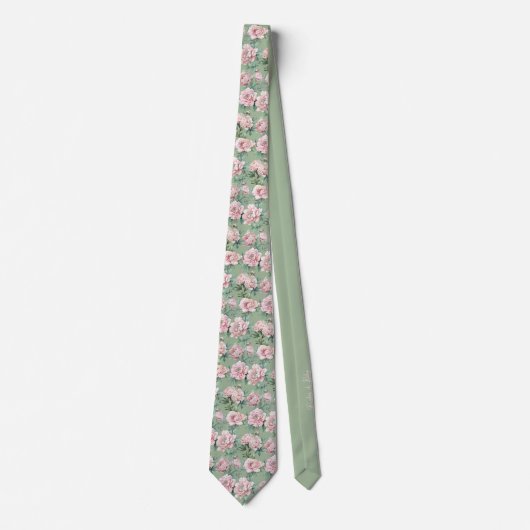 Sage Groene en Roze Pioen Bloemen Groomsmen Stropdas (Voorkant)