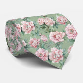 Sage Groene en Roze Pioen Bloemen Groomsmen Stropdas (Opgerold)