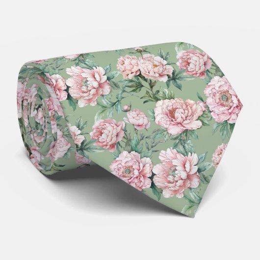 Sage Groene en Roze Pioen Bloemen Groomsmen Stropdas (Opgerold)