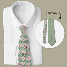 Sage Groene en Roze Pioen Bloemen Groomsmen Stropdas
