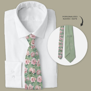 Sage Groene en Roze Pioen Bloemen Groomsmen Stropdas
