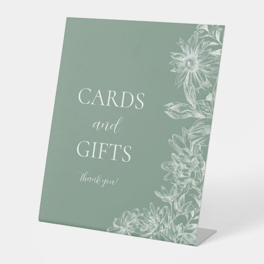 Sage Groene en Witte Bloemen Kaarten en Geschenken Reclamebord Met Voetstuk (Voorkant)