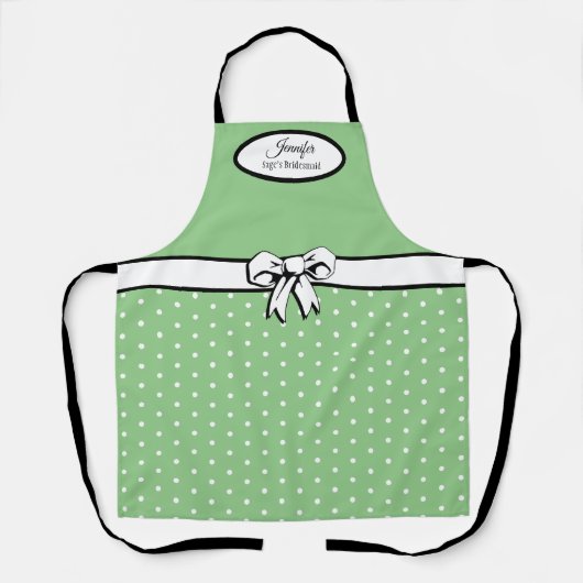 Sage Groene en Witte Polka Dots, Bow Gepersonalise Schort (Voorkant)