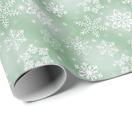 Sage Groene en Witte Sneeuwvlokken Cadeaupapier (Rol Hoek)