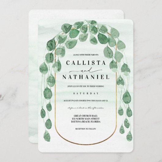 Sage Groene Eucalyptus Garland Goud Ovaal Bruiloft Kaart (Voorkant / Achterkant)