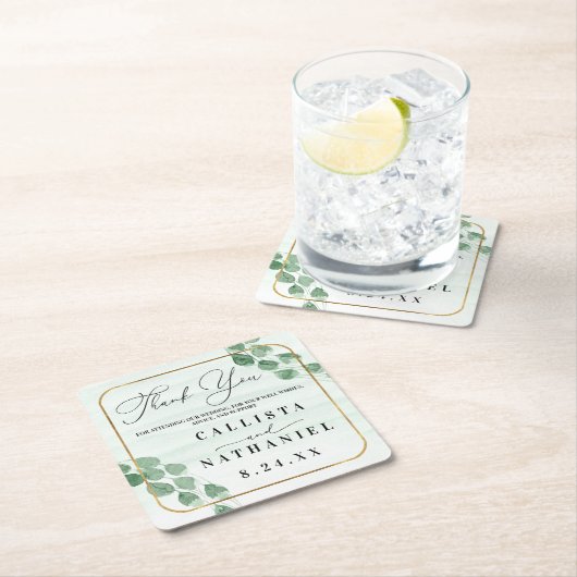 Sage Groene Eucalyptus Gouden Bruiloft Dank u Kartonnen Onderzetters (Insitu)