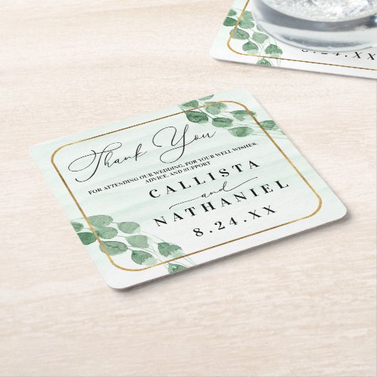 Sage Groene Eucalyptus Gouden Bruiloft Dank u Kartonnen Onderzetters (Schuin)