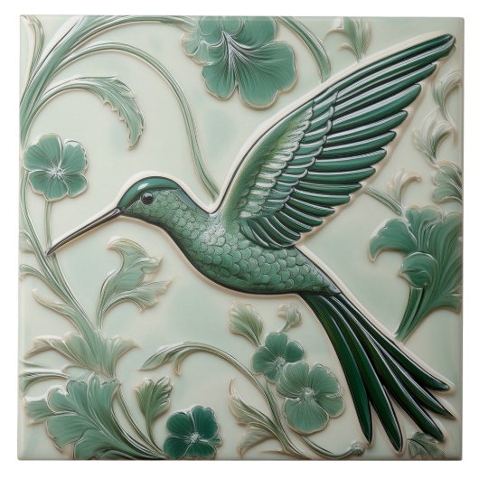 Sage groene faux relief Art Nouveau Hummingbird L Tegeltje (Voorkant)