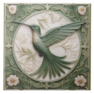 Sage groene faux relief Art Nouveau Hummingbird L Tegeltje