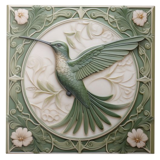 Sage groene faux relief Art Nouveau Hummingbird L Tegeltje (Voorkant)