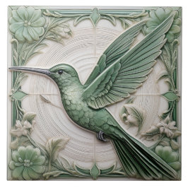 Sage groene faux relief Art Nouveau Hummingbird L Tegeltje