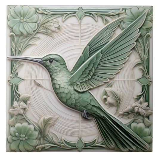 Sage groene faux relief Art Nouveau Hummingbird L Tegeltje (Voorkant)