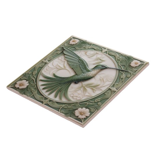 Sage groene faux relief Art Nouveau Hummingbird R Tegeltje (Zijkant)