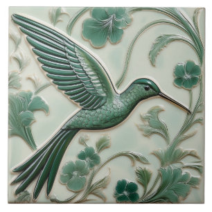 Sage groene faux relief Art Nouveau Hummingbird R Tegeltje