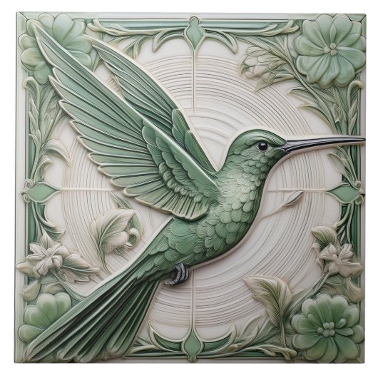 Sage groene faux relief Art Nouveau Hummingbird R Tegeltje (Voorkant)