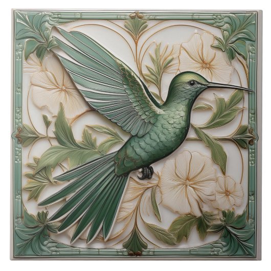 Sage groene faux relief Art Nouveau Hummingbird R Tegeltje (Voorkant)