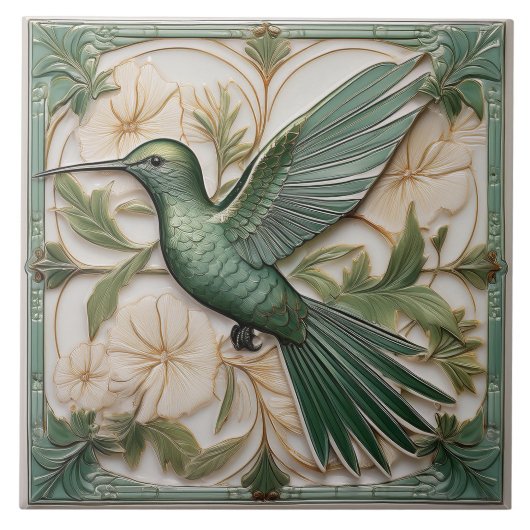 Sage groene faux relief Art Nouveau Hummingbird Tegeltje (Voorkant)