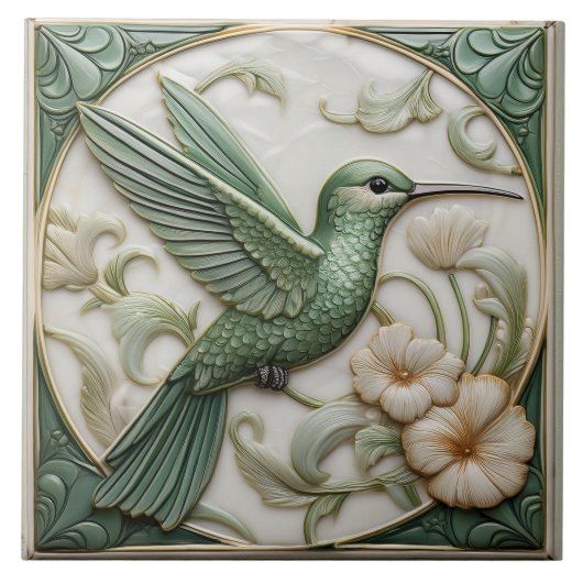 Sage groene faux relief Art Nouveau Hummingbird Tegeltje (Voorkant)