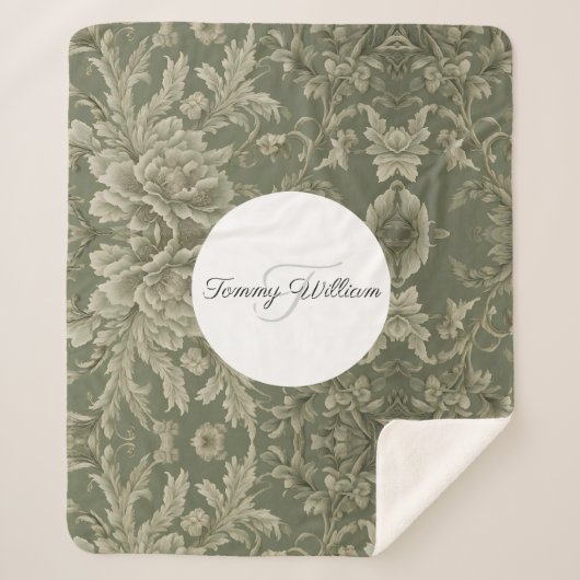 Sage Groene Flora Elegante Sherpa Deken (Voorkant)
