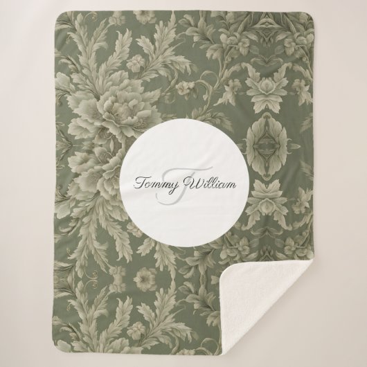 Sage Groene Flora Elegante Sherpa Deken (Voorkant)