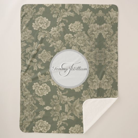 Sage Groene Flora Elegante Sherpa Deken (Voorkant)