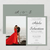 Sage Groene Foto Elegant Monogram Formele Bruiloft Kaart (Voorkant / Achterkant)