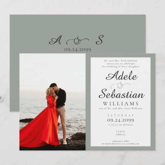 Sage Groene Foto Elegant Monogram Formele Bruiloft Kaart (Voorkant / Achterkant)