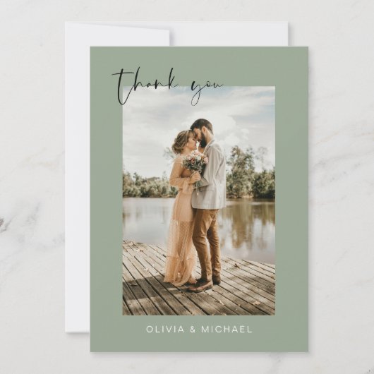 Sage Groene Foto Huwelijk Elegant Dank u kaart (Voorkant)