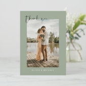 Sage Groene Foto Huwelijk Elegant Dank u kaart (Staand voorkant)