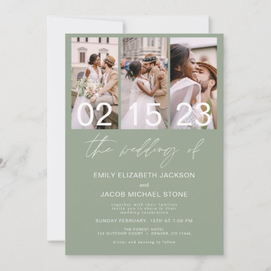 Sage Groene Foto QR code Bruiloft Minimalist Kaart (Voorkant)