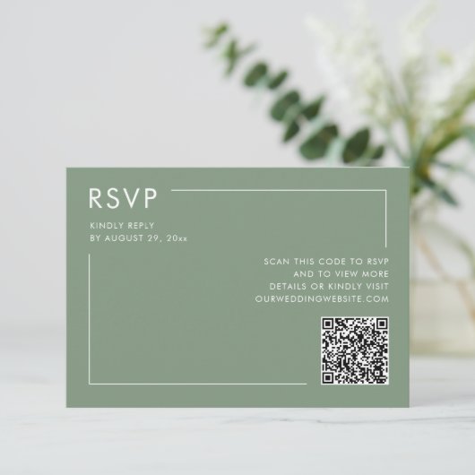 Sage Groene Foto QR Code Bruiloft RSVP Behuizing Kaart (Staand voorkant)