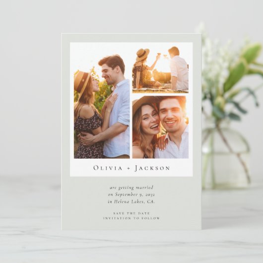 Sage Groene Fotocollage Moderne bruiloft Save The Date (Staand voorkant)
