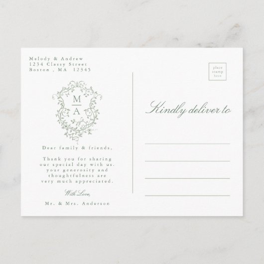 Sage Groene Franse Bloemenkam Trouwen Dank u Briefkaart (Achterkant)