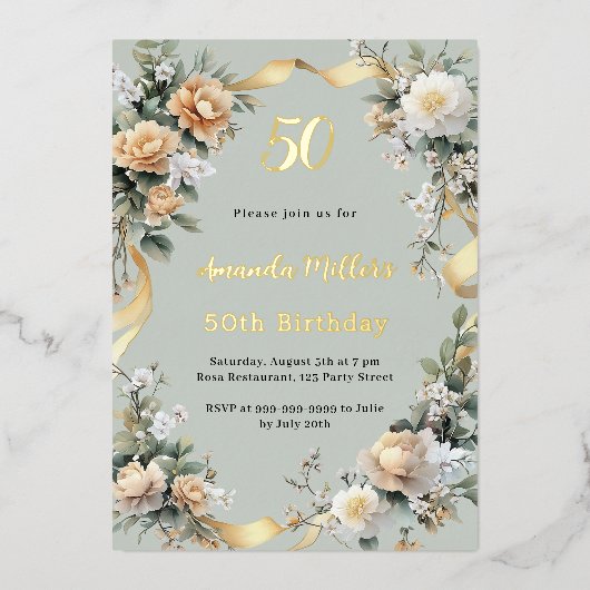 Sage groene gele bloemen goud luxe verjaardag folie uitnodiging (Voorkant)