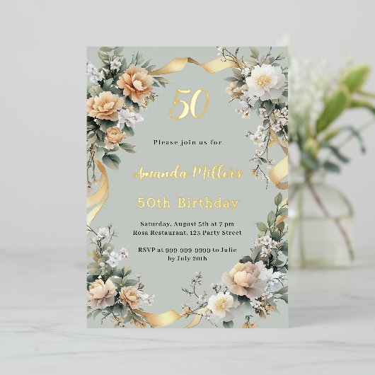 Sage groene gele bloemen goud luxe verjaardag folie uitnodiging (Staand Voorkant)