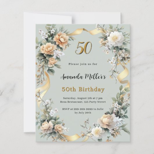 Sage groene gele bloemen goud verjaardag uitnodigi (Voorkant)