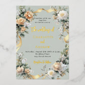 Sage groene gele bloemen gouden bruiloft folie uitnodiging (Voorkant)