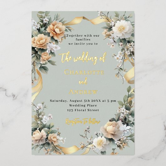Sage groene gele bloemen gouden bruiloft folie uitnodiging (Voorkant)