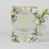 Sage groene gele bloemen gouden bruiloft folie uitnodiging (Staand Voorkant)
