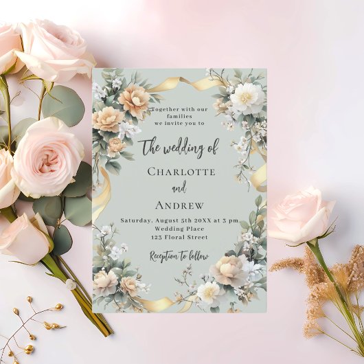 Sage groene gele bloemen gouden bruiloft kaart