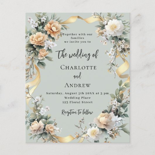 Sage groene gele bloemen gouden bruiloft uitnodigi (Voorkant)