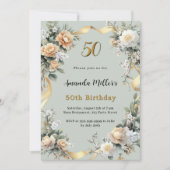 Sage groene gele bloemen gouden verjaardag kaart (Voorkant)