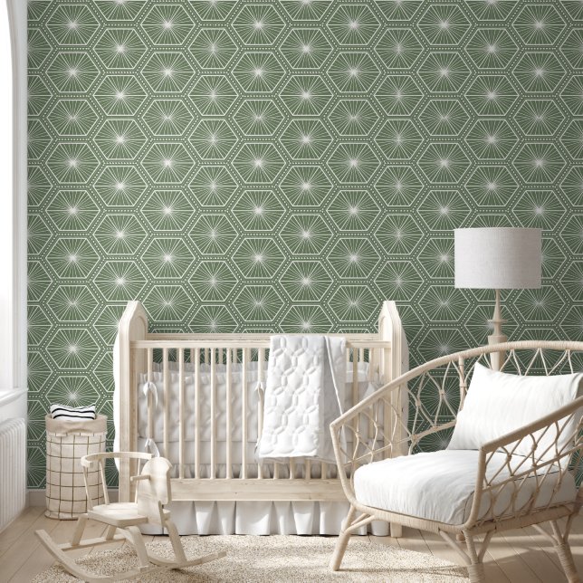 Sage Groene Geometrische Starburst Patroon Wallpap Behang (Kinderen)