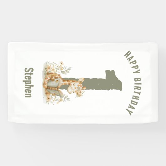 Sage Groene Giraffe Gelukkig 1e Verjaardag Spandoek (Horizontaal)