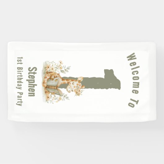 Sage Groene Giraffe Gelukkig 1e Verjaardag Spandoek (Horizontaal)