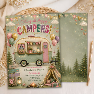 Sage groene glamping feestuitnodiging voor meisjes kaart