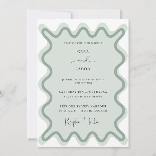Sage Groene golvende grens bruiloft uitnodiging (Voorkant)