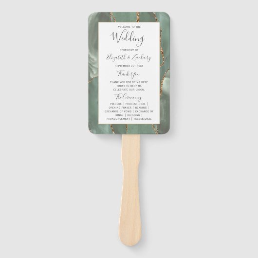 Sage Groene Gouden Agaat Trouwprogramma Handwaaier (Voorkant)